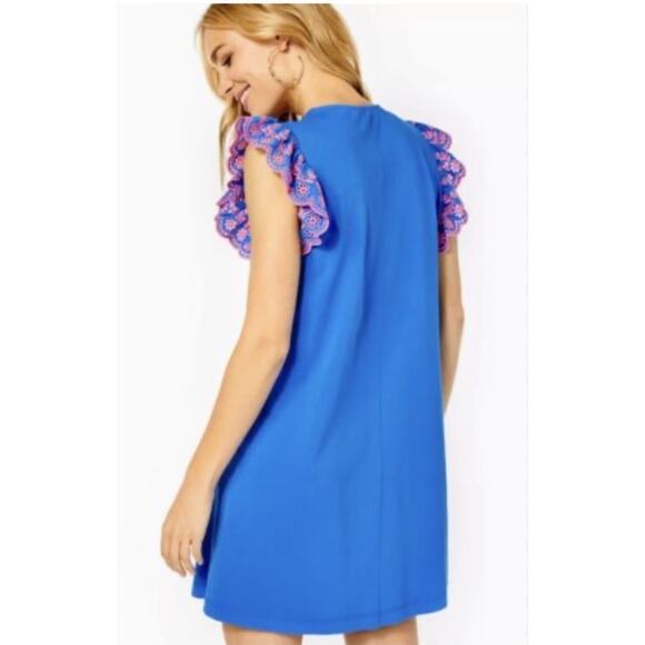 LILLY PULITZER Women’s Ave dress Blue with Pink Ruffle Eyelet small - Picture 3 of 6